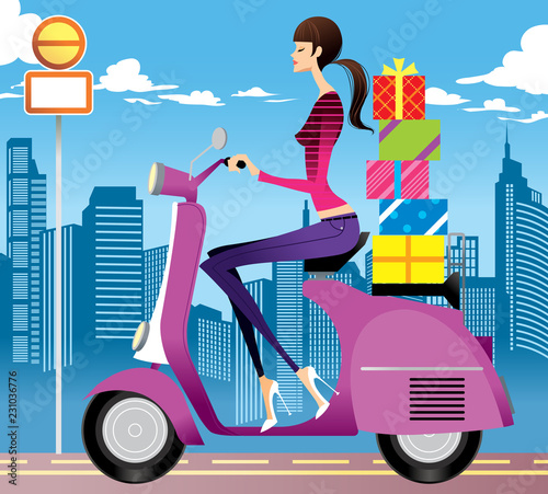 Side view of woman with gifts on scooter