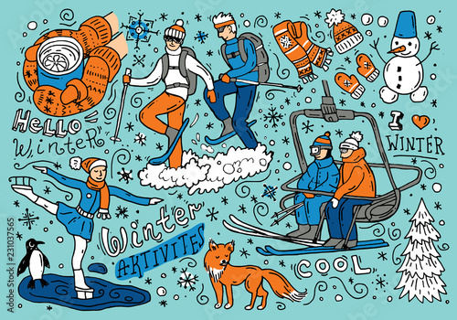 Beautiful hand drawn vector illustration winter sport. Skiing an
