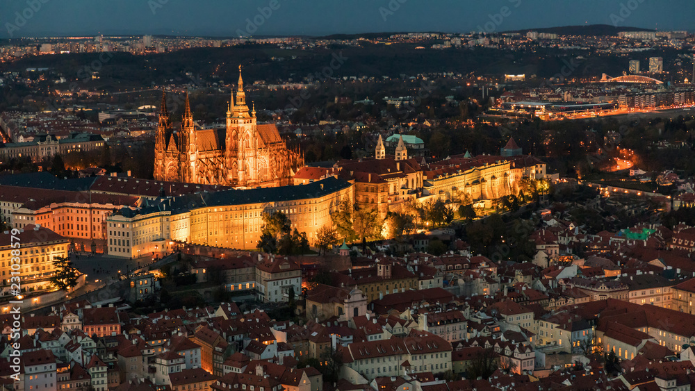Scenic summer evening panorama of the Old Town architecture and St.Vitus Cathedral in Prague, Czech Republic
