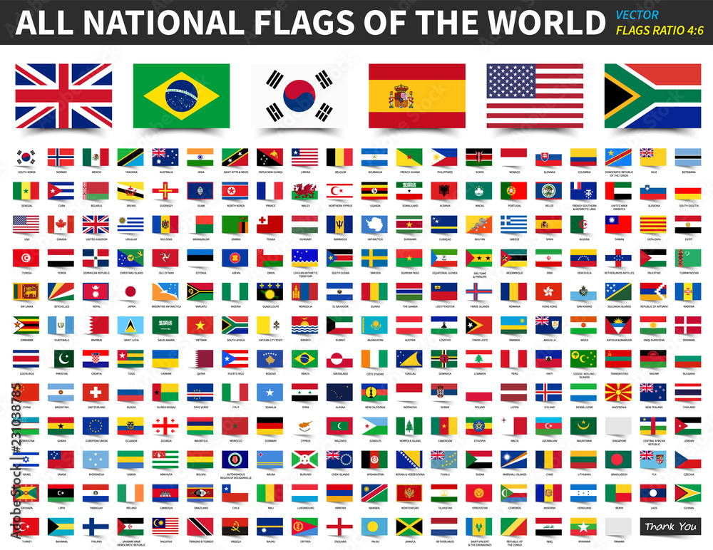 Naklejka premium All national flags of the world . Ratio 4 : 6 design with float sticky note paper style . Elements vector