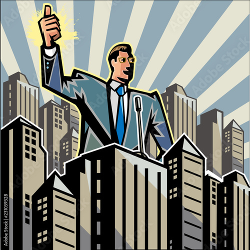 Low angle view of businessman giving speech amid skyscrapers