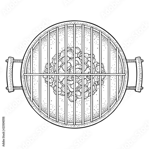 Barbecue grill top view with charcoal. Vintage black vector engraving