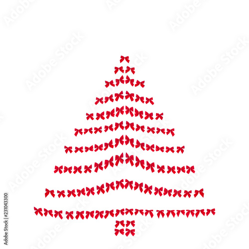 Red bows lined up in the shape of a Christmas tree, isolate on a white background. Concept for a holiday card.