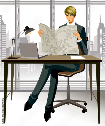  Businessman reading a newspaper in office