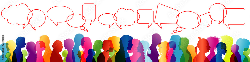 Crowd talking. Speech between people. To communicate. Group of people colored profile silhouette. Speech bubble. Speaking