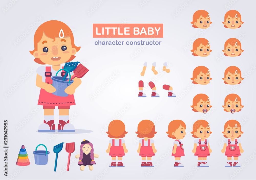 Happy little kid girl character with various views, face emotions, poses . Baby with toys: doll, bucket, shovel, rake, pyramid. Front, side, back view animated character.Vector clip art Happy little kid girl character with various views, face emotions, poses . Baby with toys: doll, bucket, shovel, rake, pyramid. Front, side, back view animated character.Vector clip art