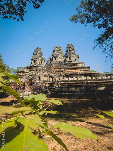 Side view on temple in angkor wat with leafs in foreground