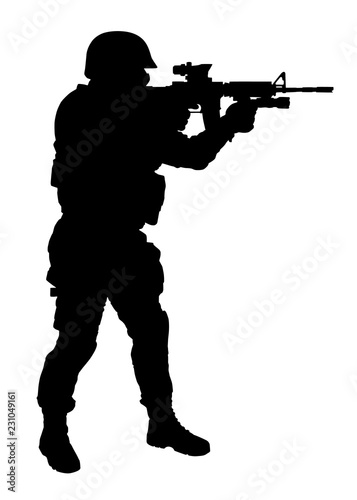 Police special forces, counter terrorist team shooter in helmet standing and aiming with collimator sight on service rifle side view, full length, black vector silhouette isolated on white background