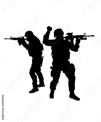 Army or police special forces tactical unit, SWAT team, counter-terrorist group fighters moving forward, giving hand signals, aiming and shooting with service rifle vector silhouette isolated on white