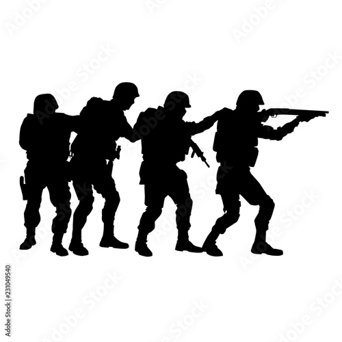 Police special forces tactical team  SWAT group  counter-terrorist squad fighters moving in stack formation behind team leader who aiming with shotgun vector silhouette isolated on white background