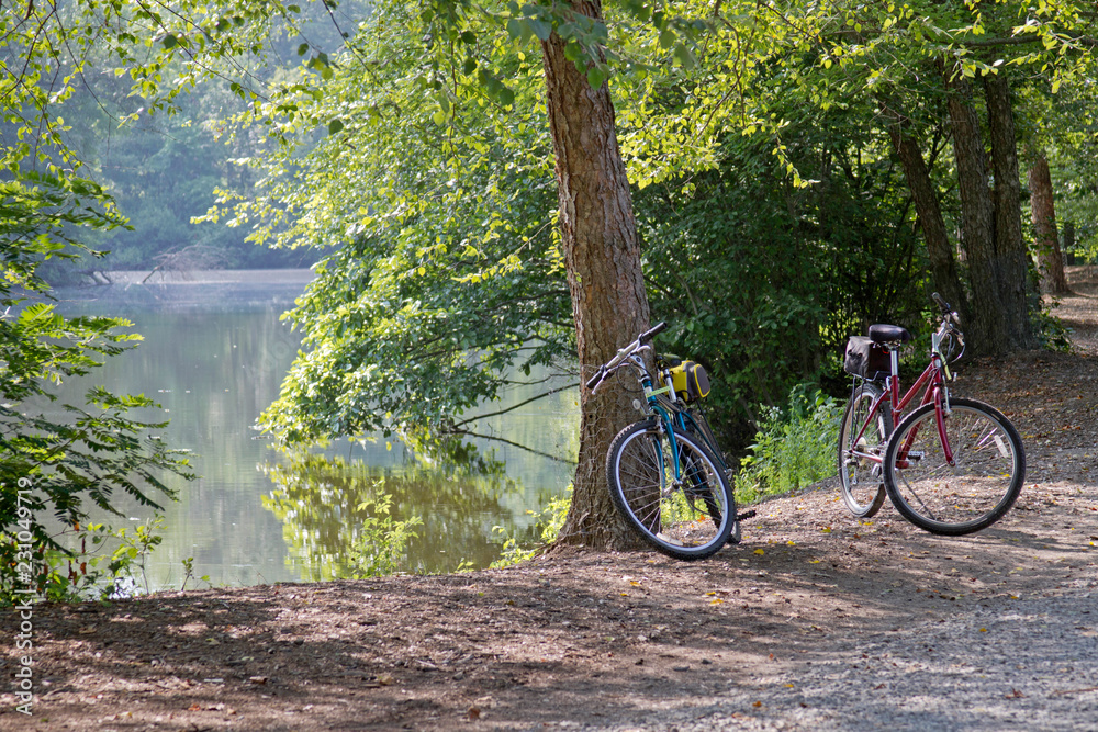 Fototapeta premium Two Bikes Parked In the Woods by a Beautiful Lake