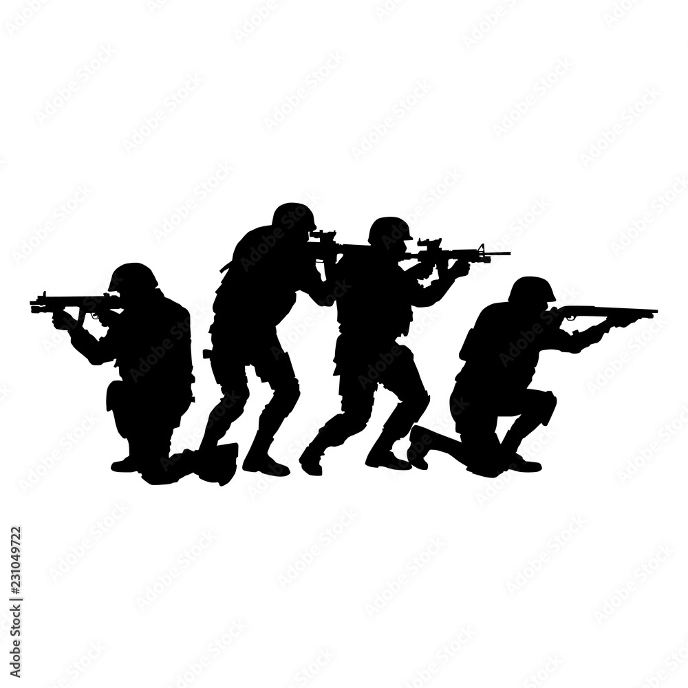 Police tactical unit, SWAT team, special security group officers in uniforms and helmets, aiming and shooting with assault rifles ans service shotguns vector silhouette isolated on white background Police tactical unit, SWAT team, special security group officers in uniforms and helmets, aiming and shooting with assault rifles ans service shotguns vector silhouette isolated on white background