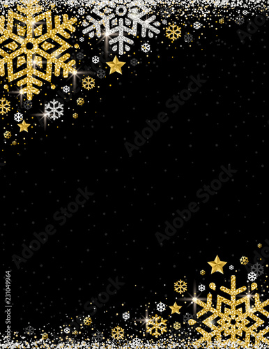 Black christmas background with frame of golden and silver glittering snowflakes, vector illustration