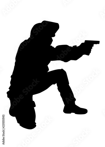 Police special forces officer, SWAT team fighter in anti-riot helmet with flipped up visor, standing on one knee, aiming and shooting with service pistol vector silhouette isolated on white background