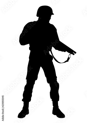 Police special forces fighter, SWAT tactical unit, riot control officer in helmet, armed with short barrel tactical shotgun, not lethal pump weapon vector silhouette isolated on white background