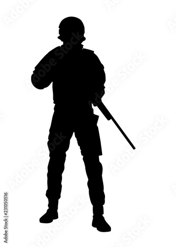 Police tactical unit rifleman, SWAT team sniper, counter-terrorist squad fighter in uniforms and helmet, standing with service rifle in hands, black vector silhouette isolated on white background