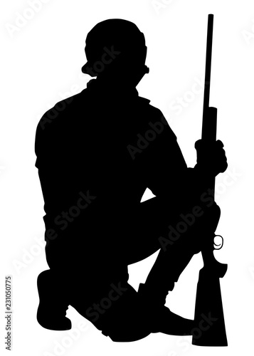 Police special forces, SWAT team, anti-terrorist group sniper in helmet, sitting on one knee and holding sniper rifle in hand, black vector silhouette isolated on white background. Hunter with rifle