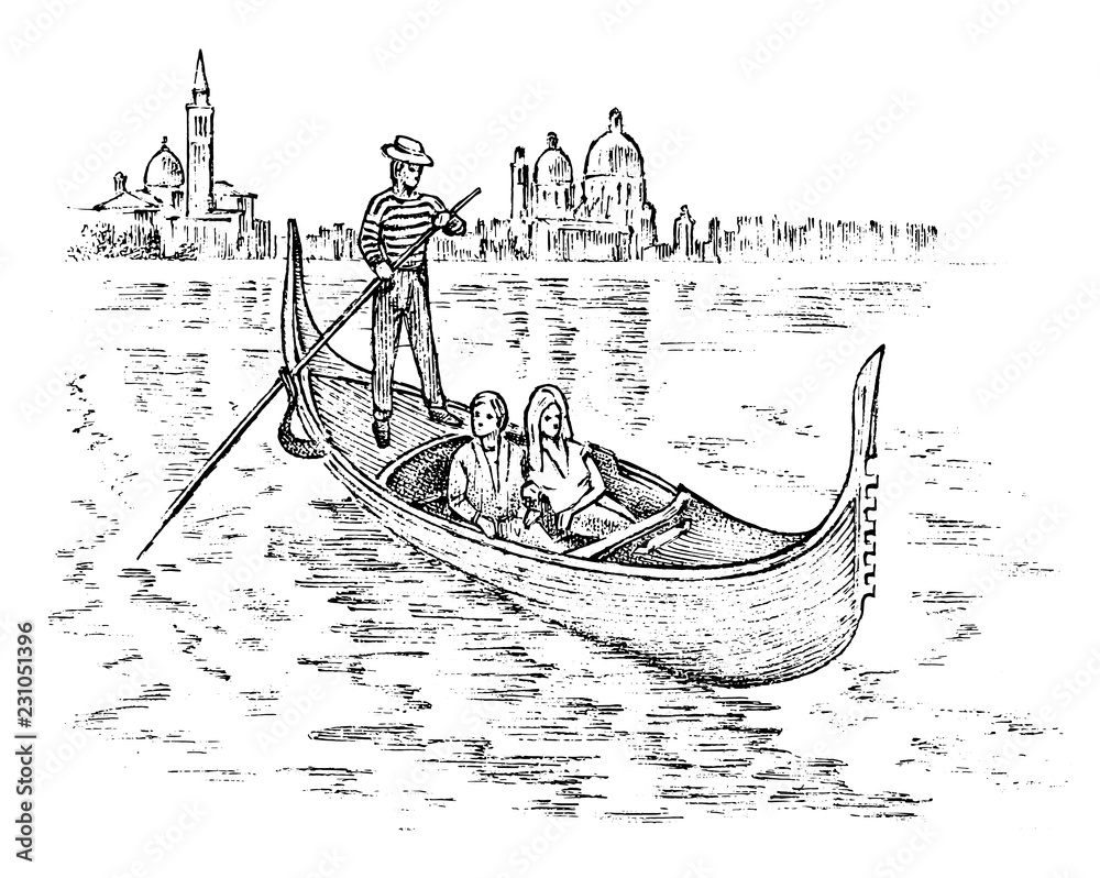 landscape in European. Characters in the gondola. Engraved hand drawn in old sketch and vintage style. Italian historical architecture with buildings, perspective view. Travel postcard. - obrazy, fototapety, plakaty 
