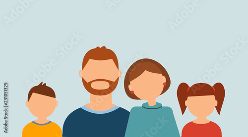 Happy family: father, mother, son and daughter without faces on the light blue background. Flat style. Vector illustration