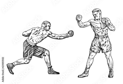 Boxers are training. Sport strong men fight. Vintage monochrome illustration. Hand drawn.