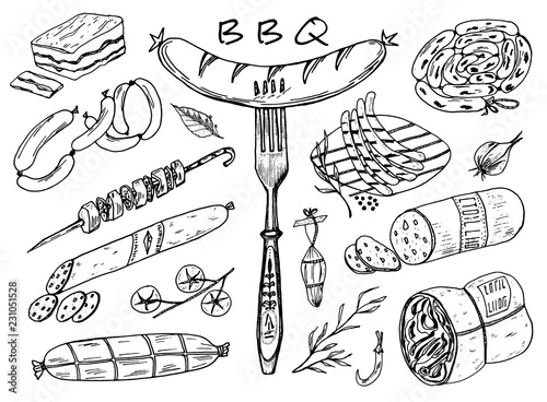 Meat food, sausage and steak for bbq and picnic. Doodle Signs for menu. Vintage engraved illustration. monochrome style.