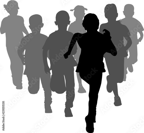 group of preschooler boys and girls running silhouettes - vector
