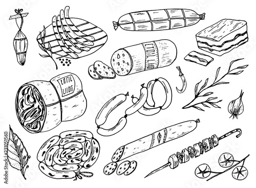 Meat food, sausage and steak for bbq and picnic. Doodle Signs for menu. Vintage engraved illustration. monochrome style.