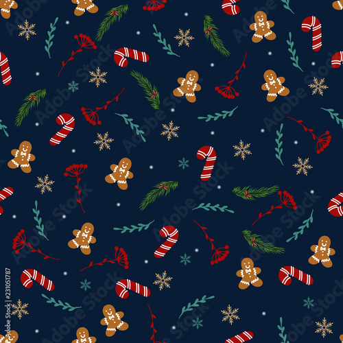 Vector Seamless Christmas and New Year`s pattern. Winter and Christmas elements on a dark background. Wrap for gifts. Vector illustration. Doodle style.