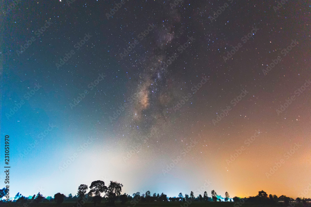 Landscape of the milky way galaxy with Star light on the sky at rural Thailand.