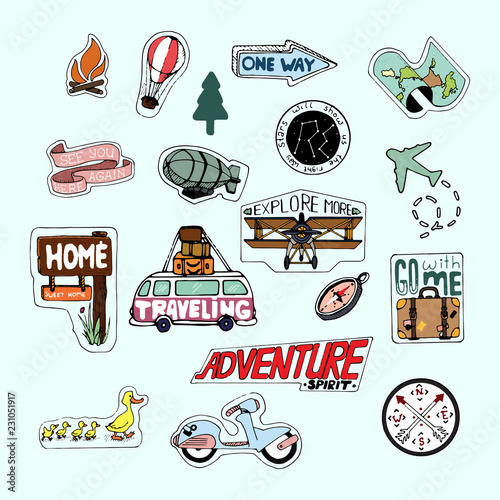 Vector travel stickers. Beautiful  travel Icons for your design. Vintage hand draw elements.