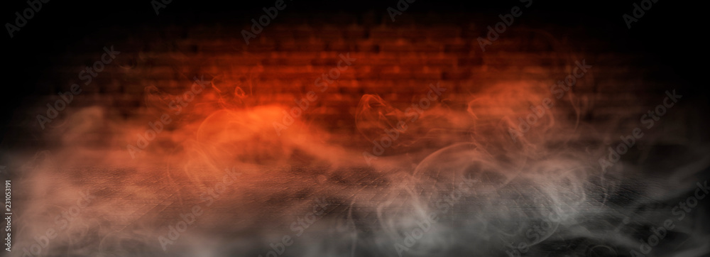 background of empty room at night, concrete floors and walls, neon light, fog, smoke, smog, sparks
