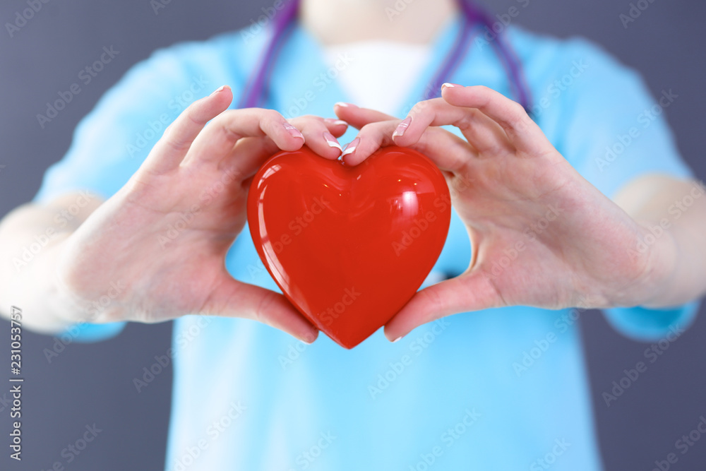 Female doctor with stethoscope holding heart in her arms. Healthcare and cardiology concept in medicine Female doctor with stethoscope holding heart in her arms. Healthcare and cardiology concept in medicine