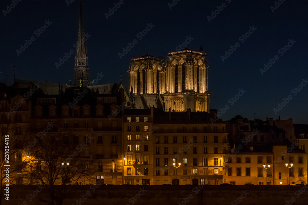 La flèche et les tours de la Cathédrale Notre-Dame de Paris, depuis le quai de l'hôtel de ville, la nuit