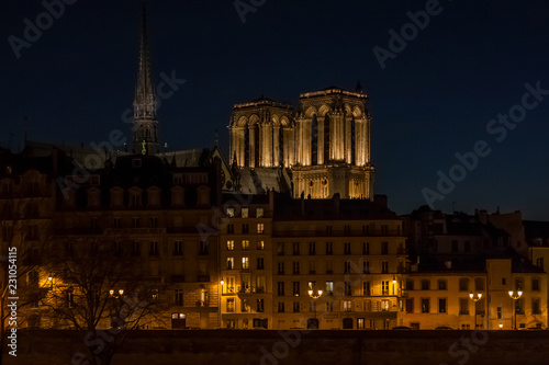 La flèche et les tours de la Cathédrale Notre-Dame de Paris, depuis le quai de l'hôtel de ville, la nuit