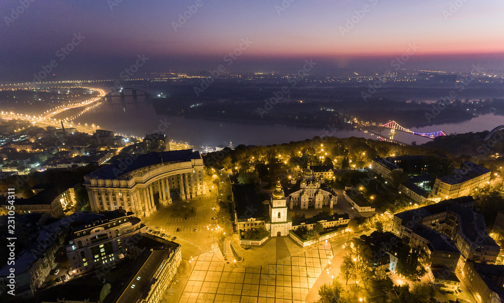 Aerial view to Saint Michael Golden Domed Cathedral in the center of Kyiv.