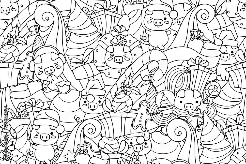 Seamless doodle pattern with Christmas decorations. Pattern with cute kawaii pigs with gifts, symbol of Chinese New Year. Design for coloring, easy to change colors.