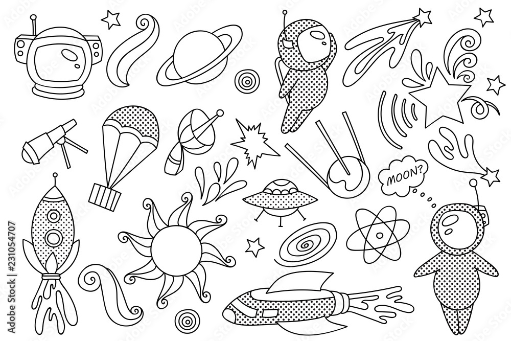 Doodle solar system and mountain Hand drawn sketch , planets, cosmic comet  and stars, astronomy space doodles. Celestial solar system:: tasmeemME.com