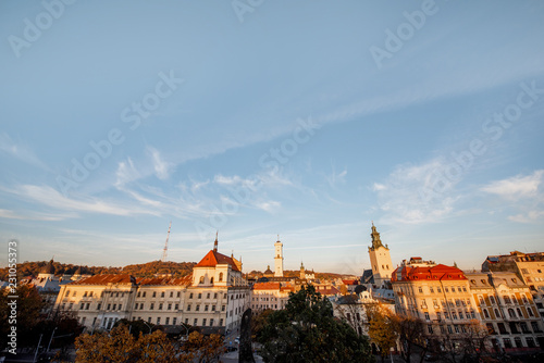 Lviv cityscape view on the old town with town hall and churches during the sunset in Ukraine