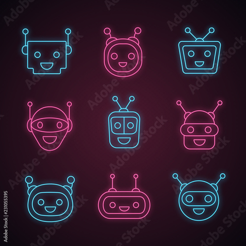 Chatbots neon light icons set