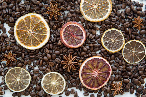 Coffee beans and dried oranges slices. Christmas concept.