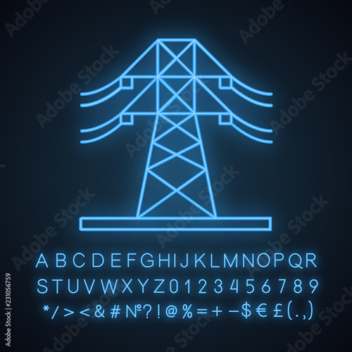 High voltage electric line neon light icon