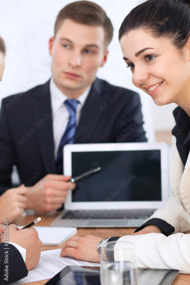 Business people at meeting in office background. Successful negotiation of business team or lawyers Business people at meeting in office background. Successful negotiation of business team or lawyers
