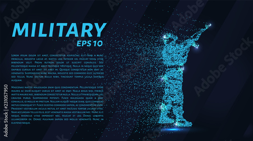 Military blue luminous dots. A soldier shoots a machine gun.