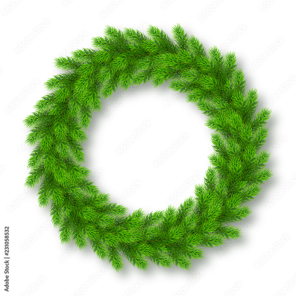 Realistic Christmas wreath from fir tree branches with shadow.. Template for a banner, poster, invitation Realistic Christmas wreath from fir tree branches with shadow.. Template for a banner, poster, invitation