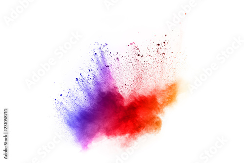 abstract powder splatted background. Colorful powder explosion on white background. Colored cloud. Colorful dust explode. Paint Holi.