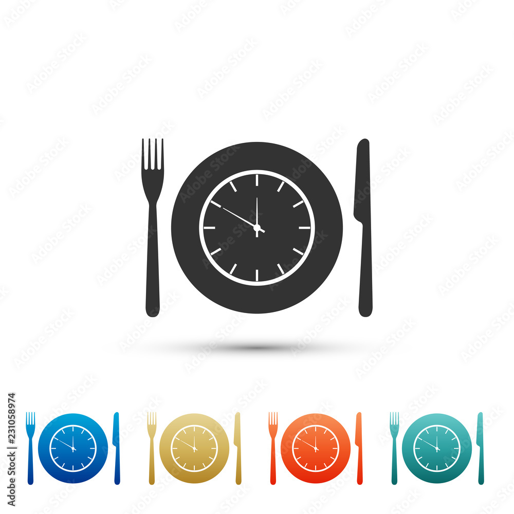 Plate with clock, fork and knife icon isolated on white background. Lunch time. Eating, nutrition regime, meal time and diet concept. Set elements in colored icons. Flat design. Vector Illustration Plate with clock, fork and knife icon isolated on white background. Lunch time. Eating, nutrition regime, meal time and diet concept. Set elements in colored icons. Flat design. Vector Illustration