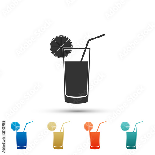 Glass of juice icon isolated on white background. Orange slice and tube for drinking. Healthy organic food. Set elements in colored icons. Flat design. Vector Illustration