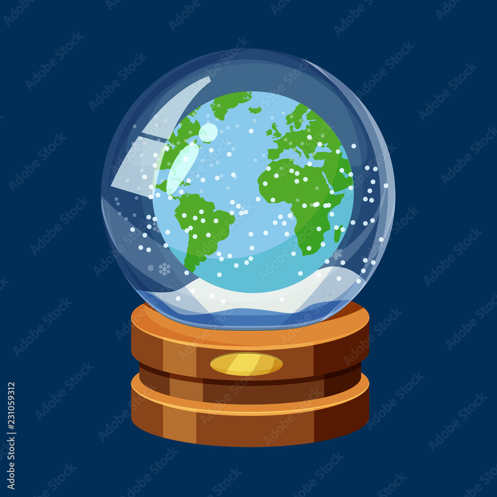 Snow globe with Earth world map, snow, cartoon style, vector
