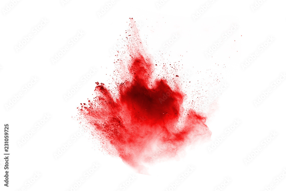 Red powder explosion on white background.