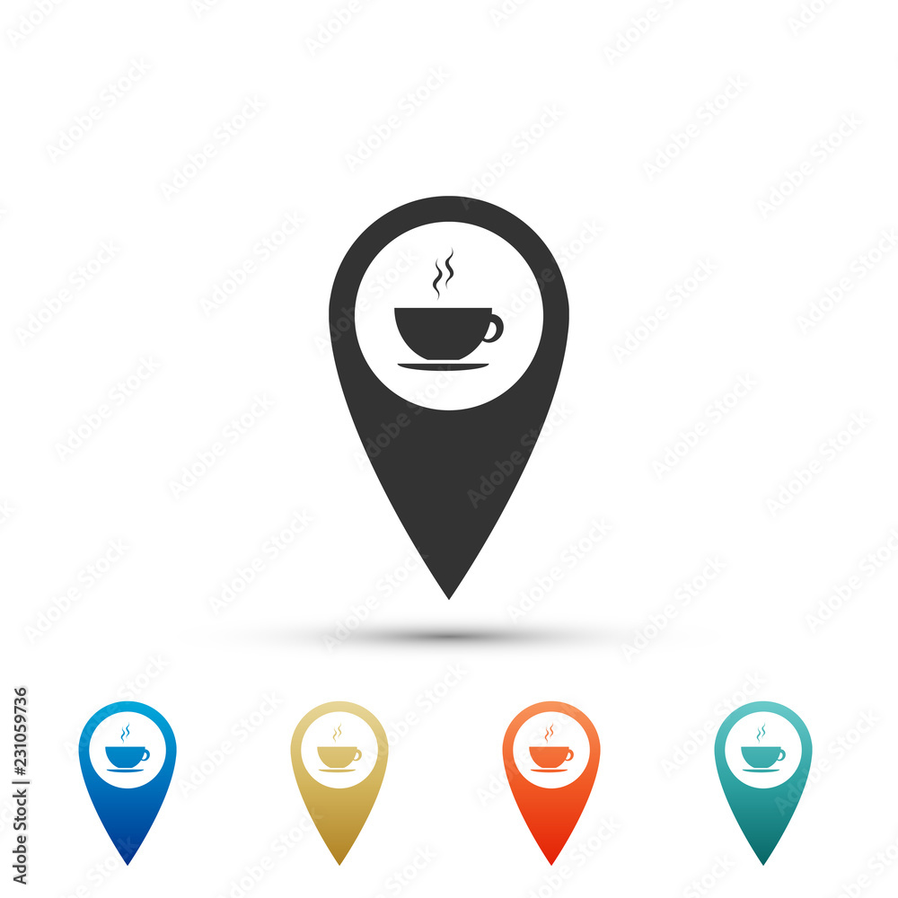 Map pointer with hot coffee cup icon isolated on white background. Set elements in colored icons. Flat design. Vector Illustration Map pointer with hot coffee cup icon isolated on white background. Set elements in colored icons. Flat design. Vector Illustration